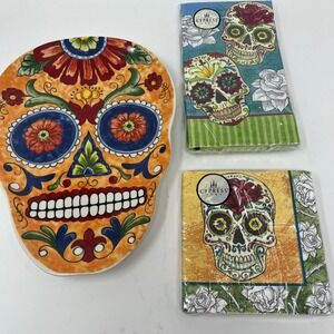 Maxcera Day of the Dead Sugar Skull Plate & Cypress Lunch Cocktail Napkins Set